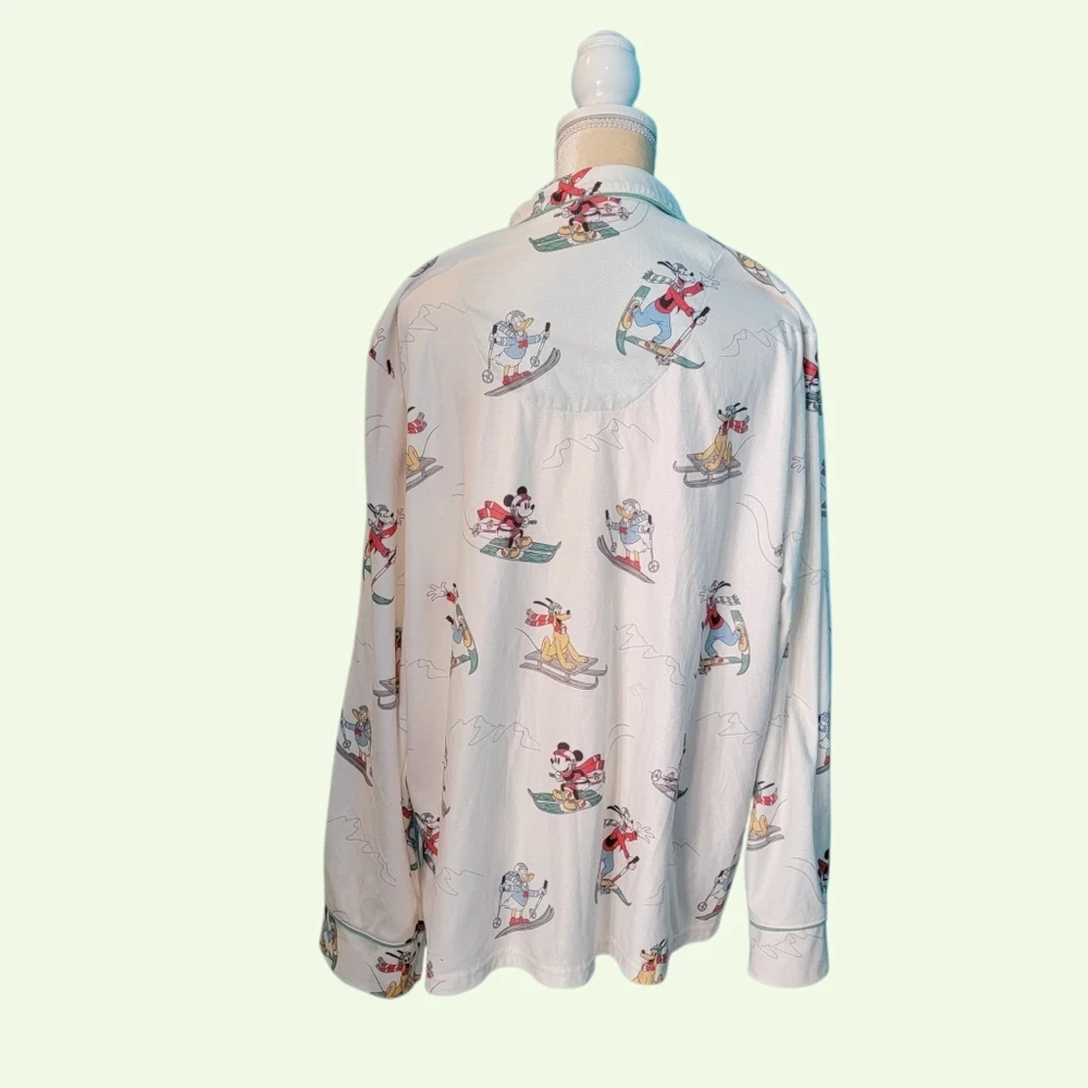 Disney Women's Sz XL Flannel Pajama Top Long Sleeve Mickey Minnie Goofy skiing - Picture 3 of 8